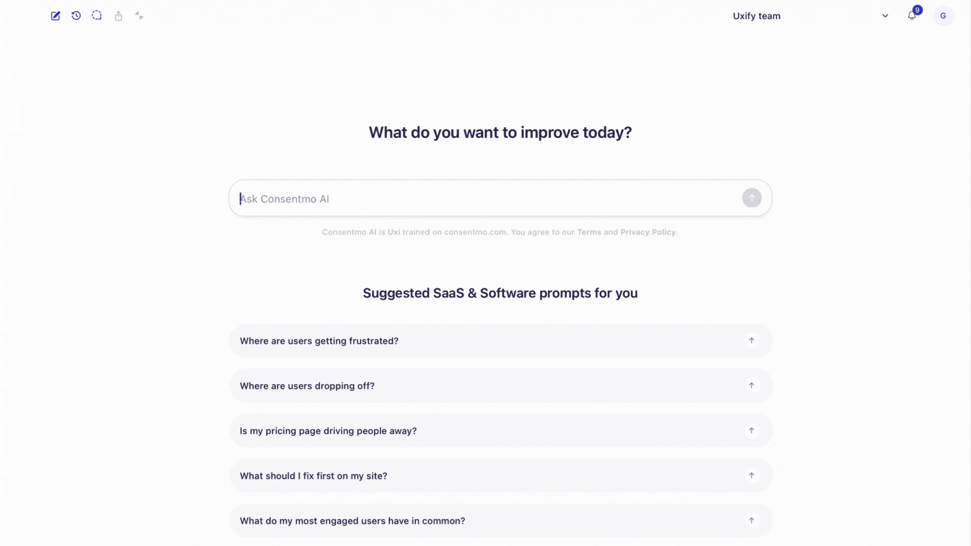 Uxi AI demo - asking plain questions about site performance and getting instant answers